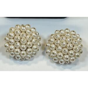 Vintage Gold Tone Faux Pearl Raised Cluster Costume Clip On Earrings